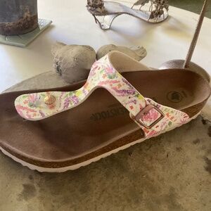 Floral Birkenstocks primarily purple and orange flowers, size 40 (9-91/2)